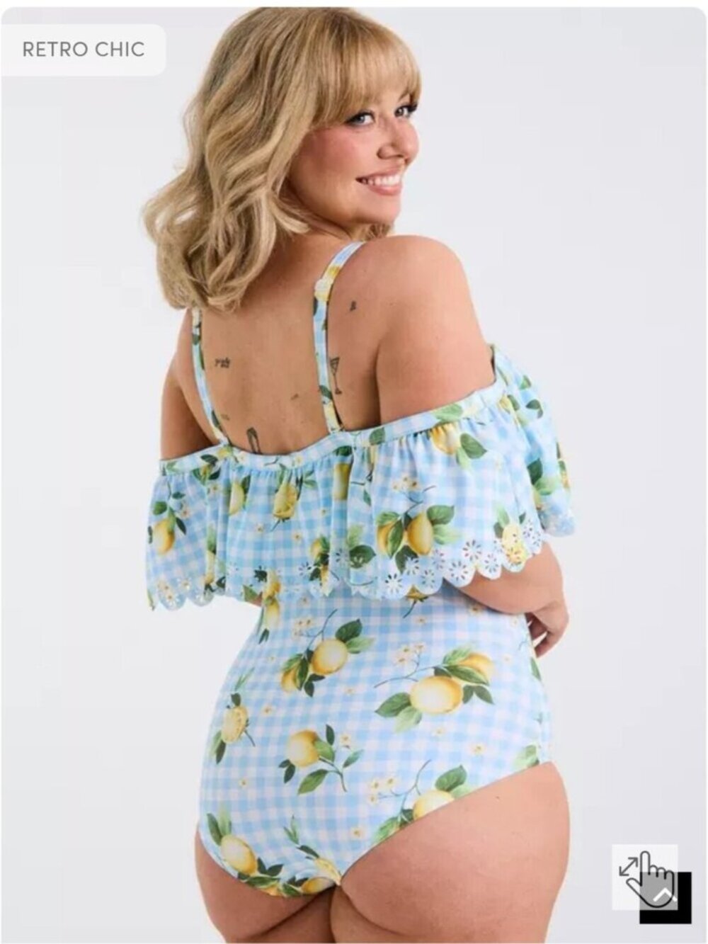 Torrid Retro Chic Off-Shoulder One Piece Swimsuit lemons light blue plaid Sz 0x - Picture 6 of 13